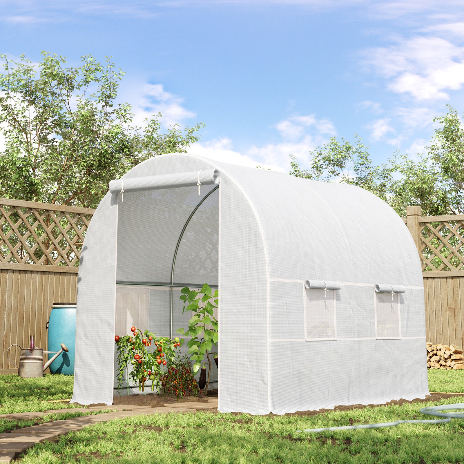 2.5 x 2 x 2 m Polytunnel Greenhouse, Walk-in Green House for Garden with Mesh Windows, Galvanised Steel Frame, White