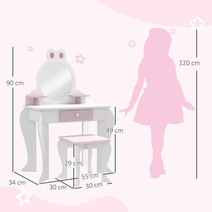 ZONEKIZ Bunny-Design Kids Dressing Table, with Mirror and Stool, Fun and Functional, White and Pink | Aosom UK