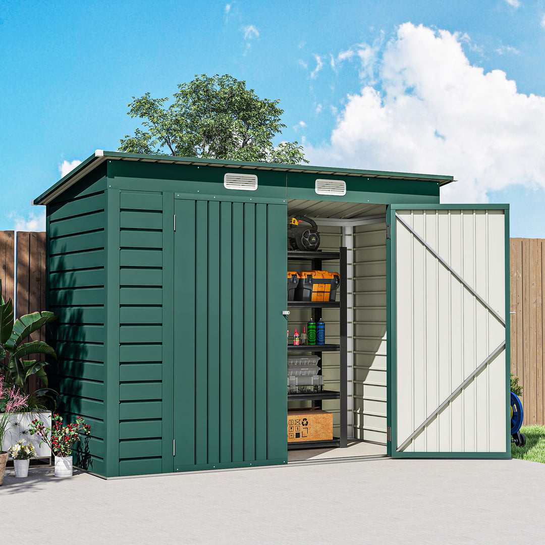 3.7 x 7.9ft Galvanised Steel Shed, with Latched Door and Padlock - Green
