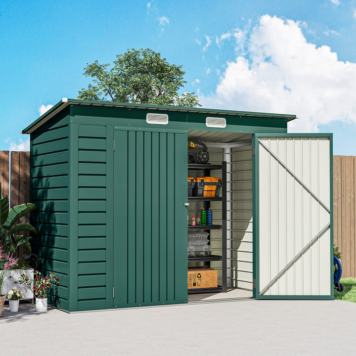 3.7 x 7.9ft Galvanised Steel Shed, with Latched Door and Padlock - Green