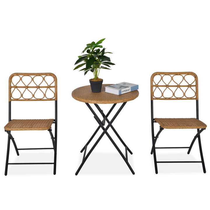 Outsunny 3 pcs PE Rattan Wicker Bistro Set Conversation Patio Furniture Set w/ Foldable Coffee Table and Chairs and Steel Frame, Natural | Aosom UK