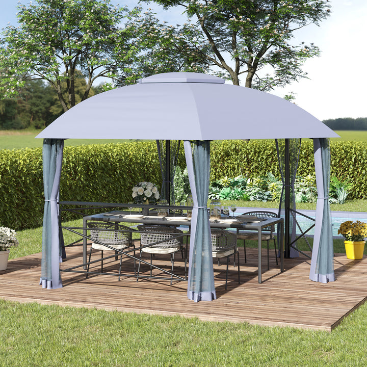 Outsunny 4 x 4.7(m) Patio Metal Gazebo Canopy, Hexagon Shape Garden Tent Sun Shade, Outdoor Shelter with 2 Tier Roof, Netting, Steel Frame, Grey