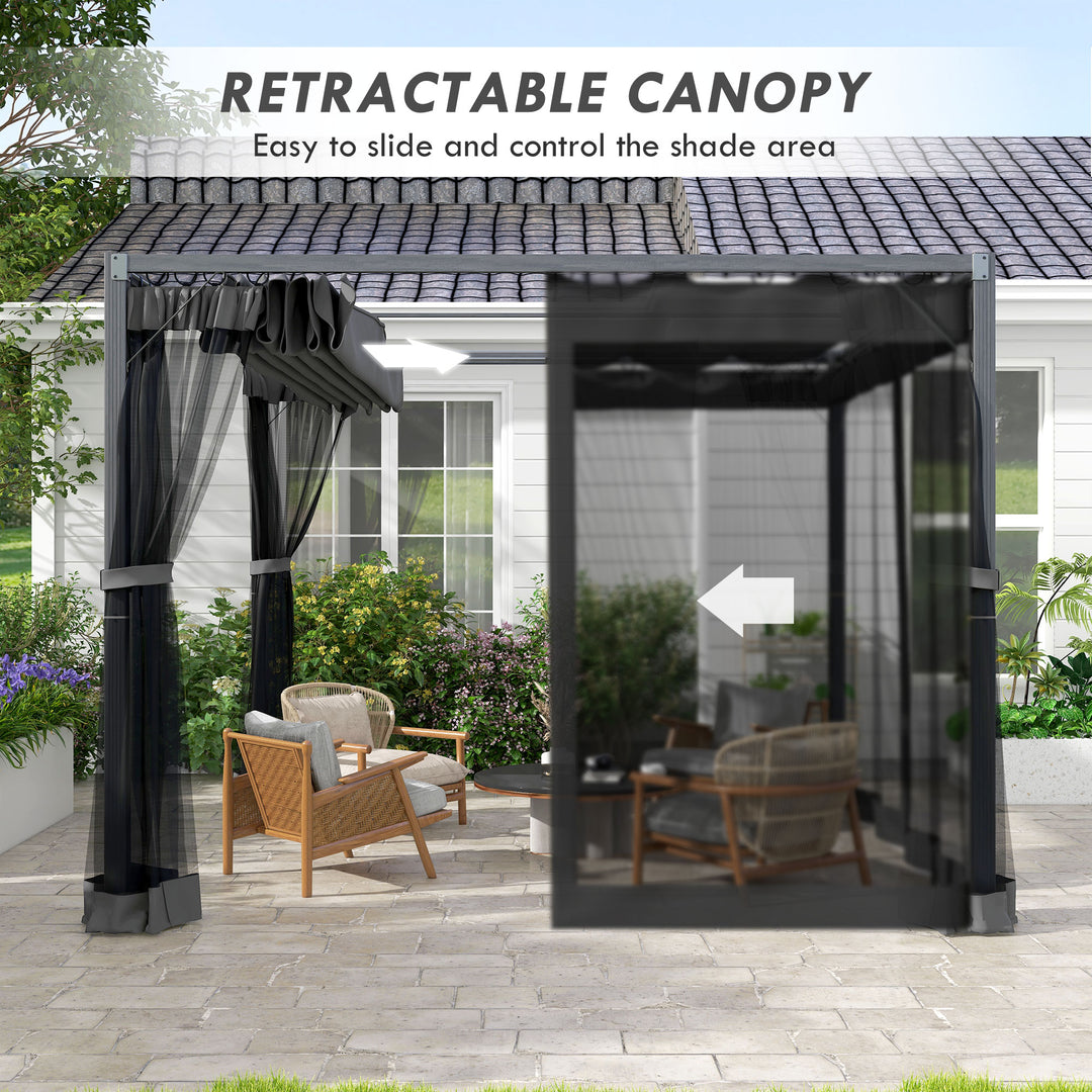 Outsunny 3 x 3 m Retractable Pergola, Garden Gazebo Shelter with Nettings, for Grill, Patio, Deck, Dark Grey