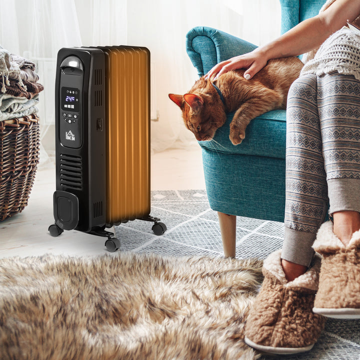 MCL 1500W Digital Oil Filled Radiator, 7 Fin, Portable Electric Heater with LED Display, Built-in Timer, 3 Heat Settings, Safety Cut-Off and Remote Control, Black