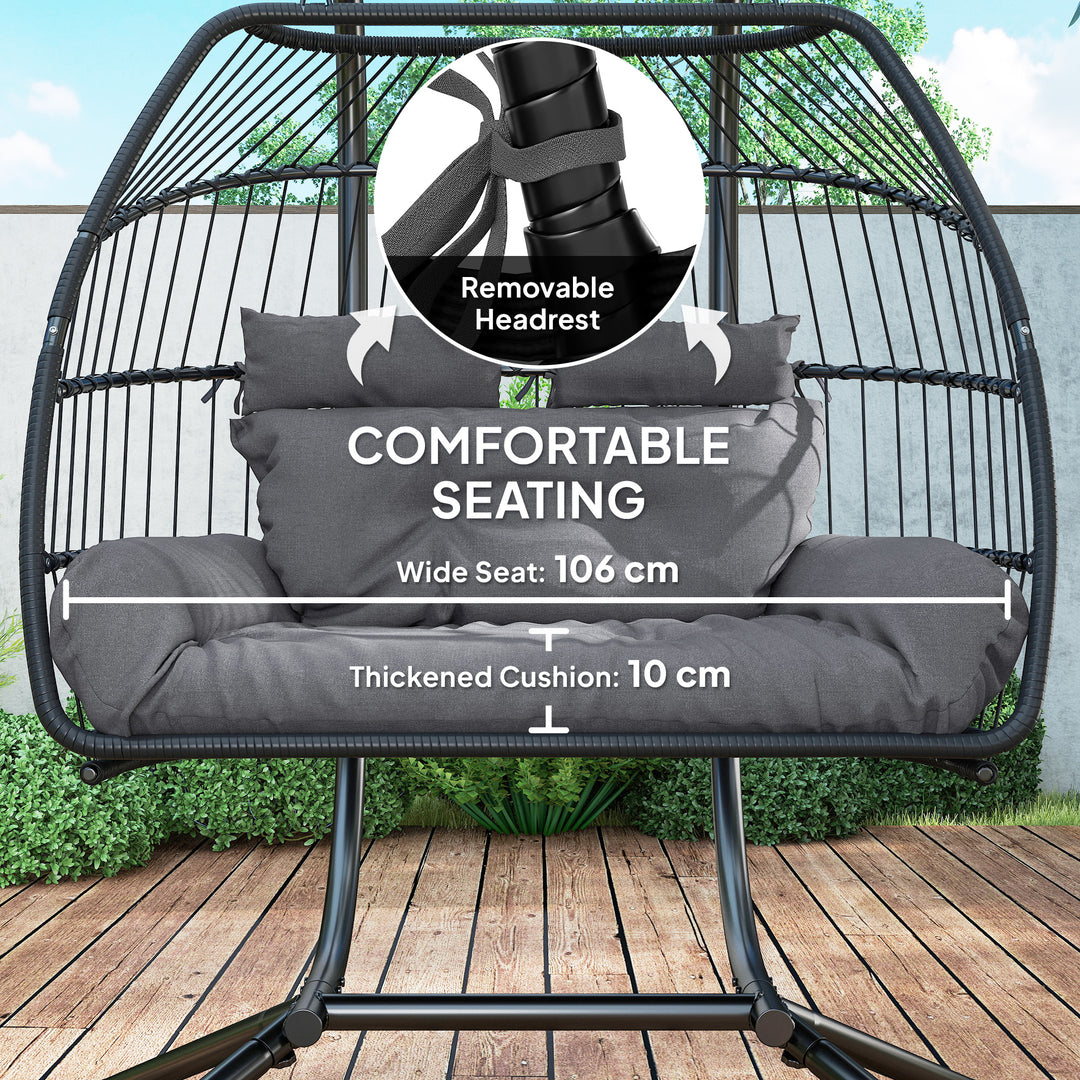 Rattan Double Hanging Egg Chair with Stand, Foldable Wicker Swing Egg Chair with Cushion, Head Pillows, Steel Frame, Hammock Chair for Indoor Outdoor, Capacity 260 kg, Dark Grey