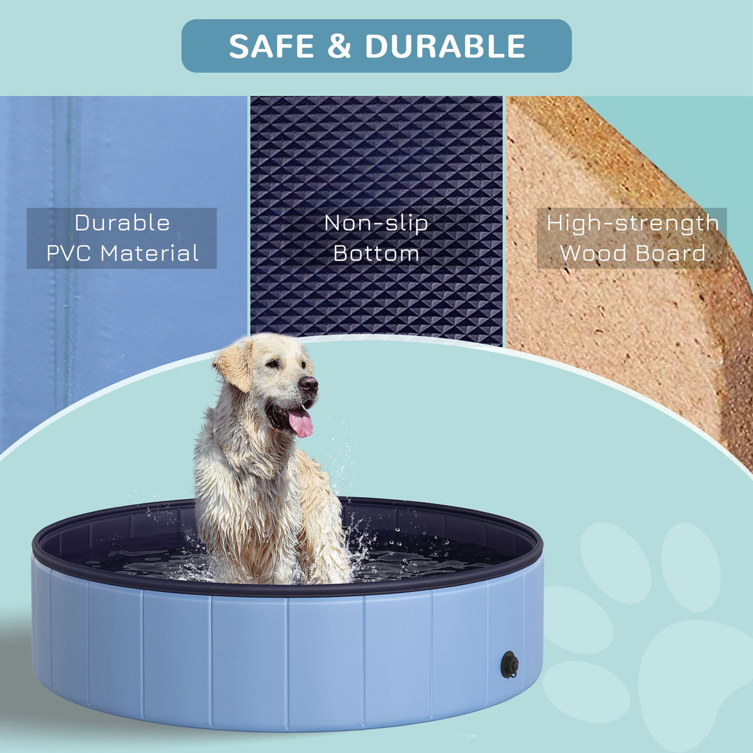 Dog Paddling Pool, Foldable Dog Pool, Leakproof & Hard Plastic, Portable Pet Bathtub with Non-Slip Base & Drainage Hole, for Indoors, Outdoors, Garden, Patio, 120 x 30 cm, Blue