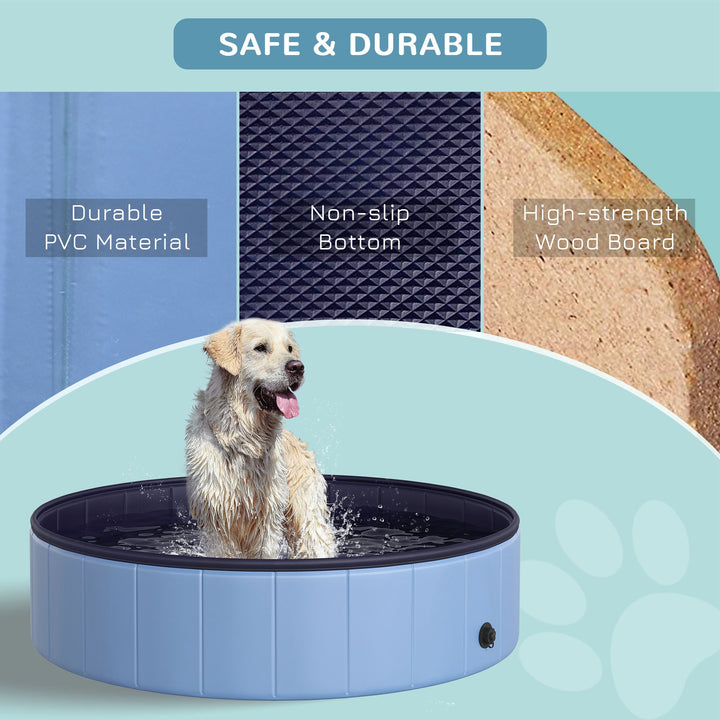 Dog Paddling Pool, Foldable Dog Pool, Leakproof & Hard Plastic, Portable Pet Bathtub with Non-Slip Base & Drainage Hole, for Indoors, Outdoors, Garden, Patio, 120 x 30 cm, Blue