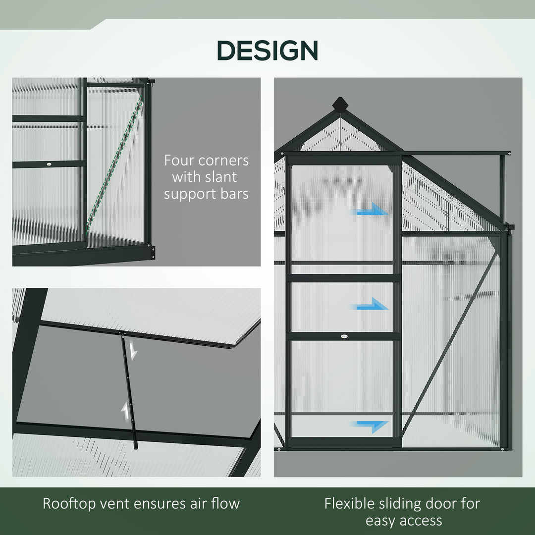 6 x 8ft Polycarbonate Greenhouse, Large Walk-In Green House with Slide Door and Window, Garden Plants Grow House with Aluminium Frame and Foundation, Grey