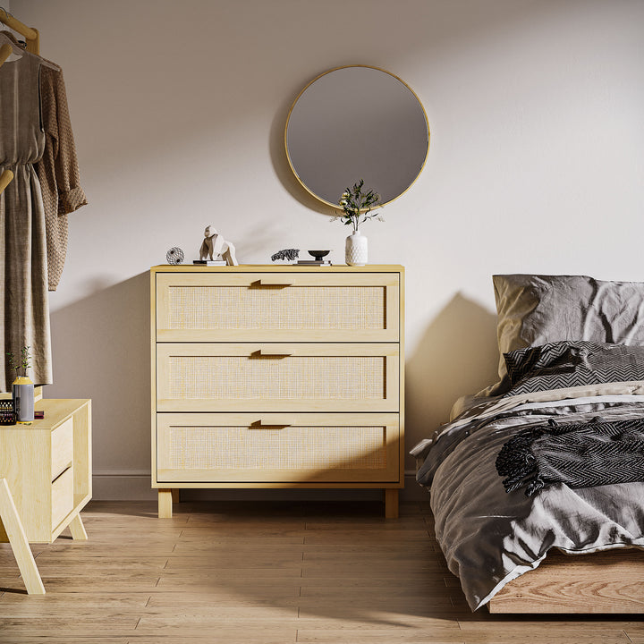 Rattan Bedroom Chest of Drawers, 3 Drawers Storage Unit, Boho Dresser for Living Room, Hallway, Natural