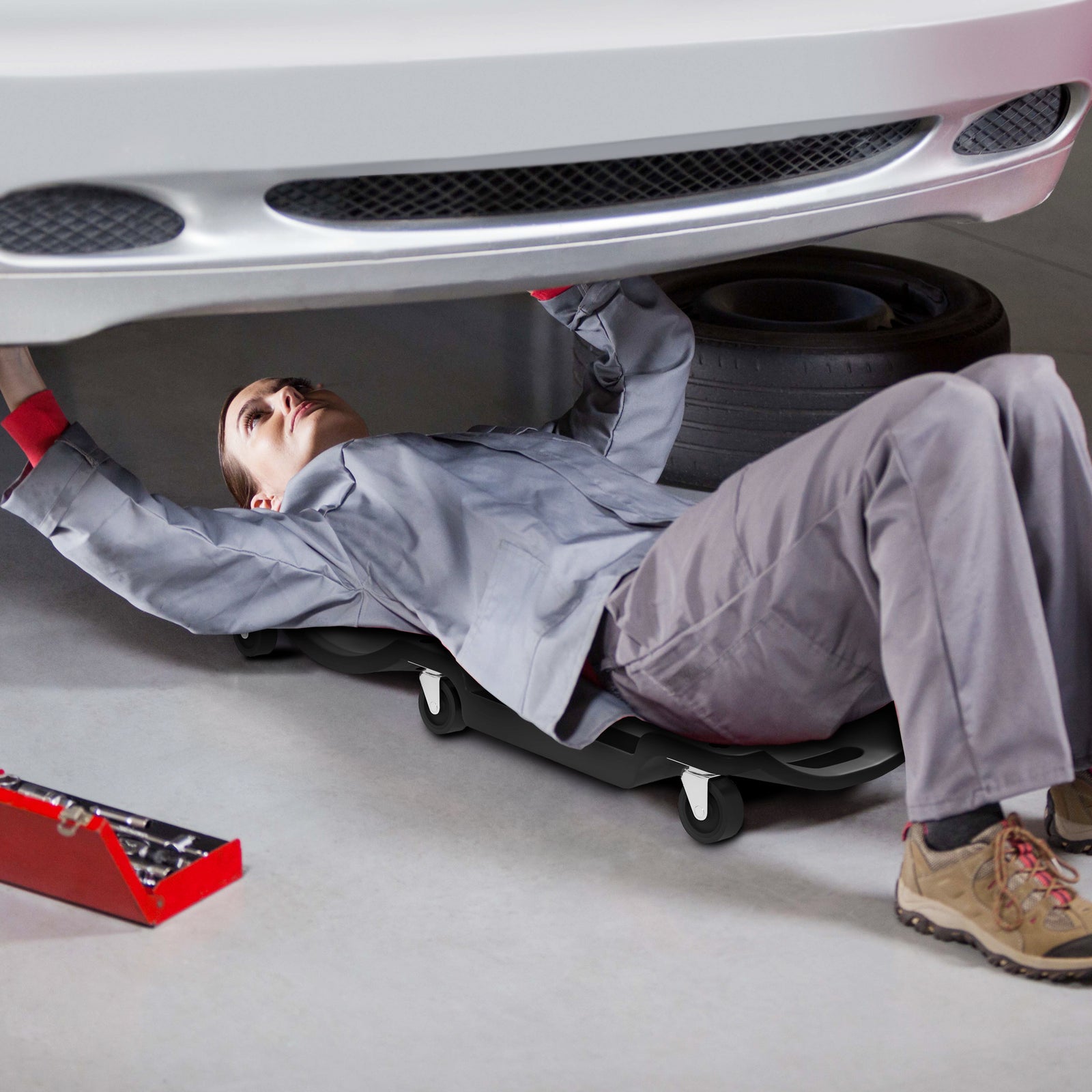 Mechanic Vehicle Creeper, Under-Car Rolling Crawler Board, with Headrest, Wheels, Black