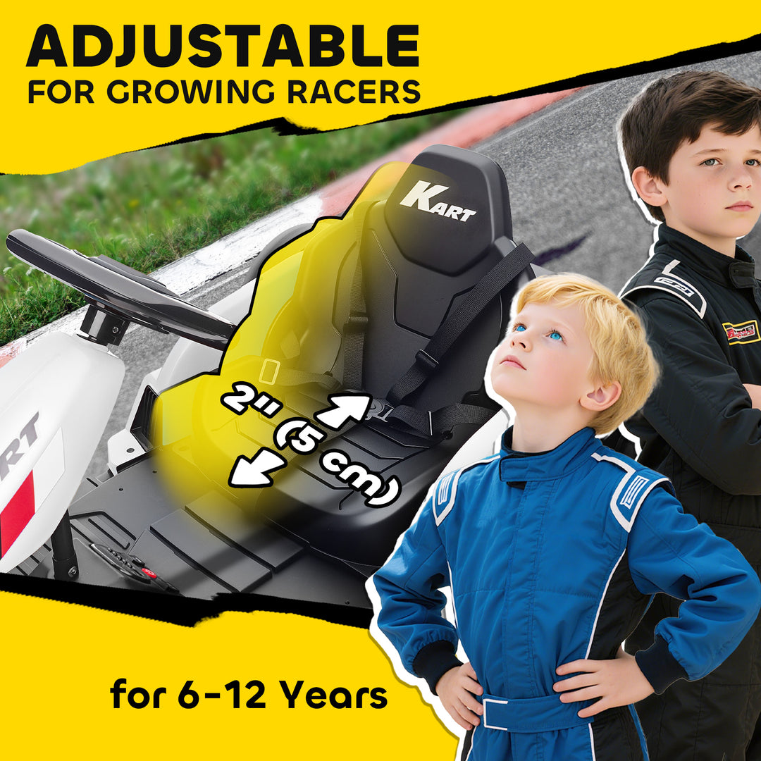 24V Electric Go Kart, Drift Kart with Adjustable Seat, Slow Start, 5-Point Harness, Music, Horn, for 6-12 Years
