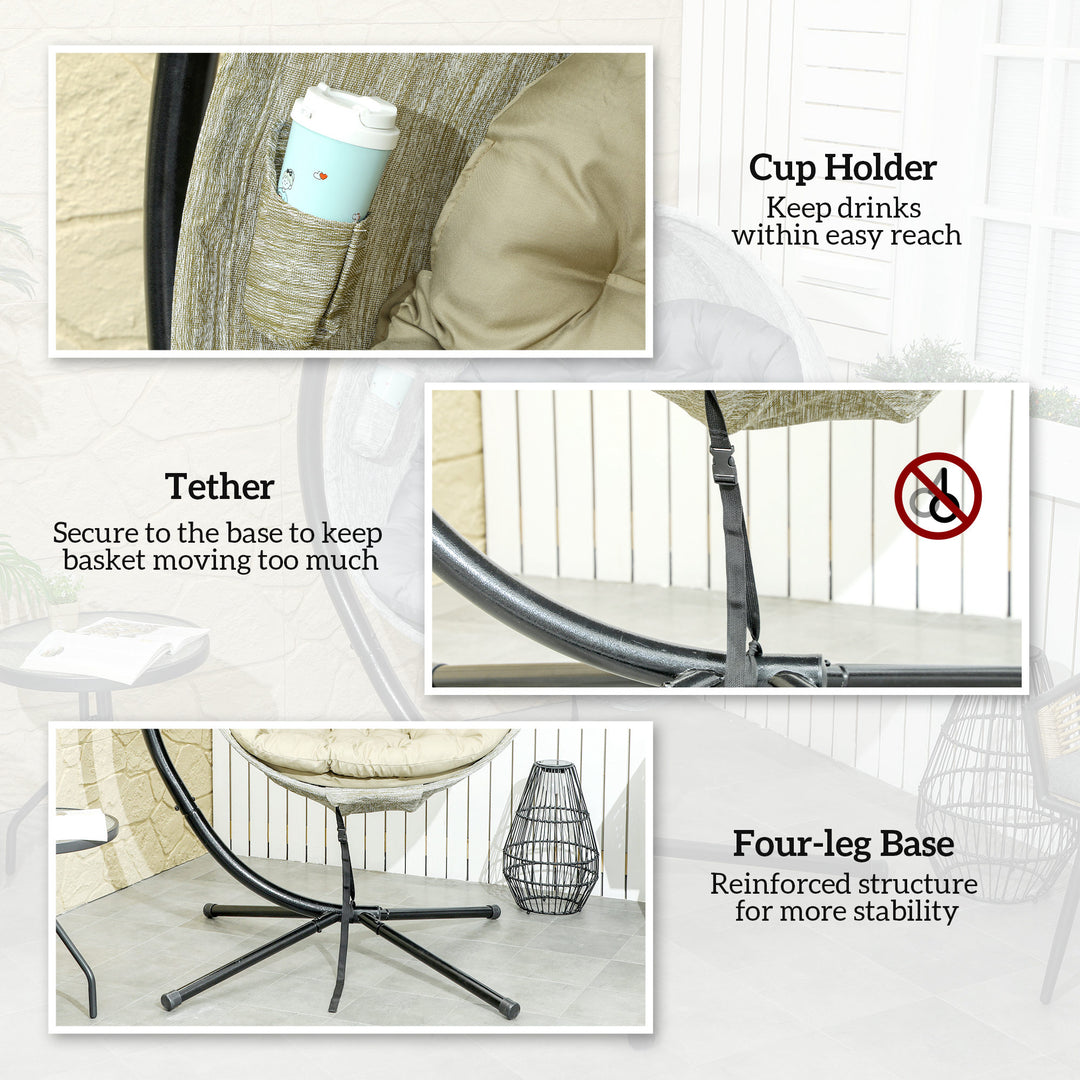 Hanging Egg Chair Outdoor Indoor Garden Swing Chair with Folding Basket, Garden Hanging Chair with Stand, Thickened Cushion, Cup Holder for Patio, Balcony, Khaki