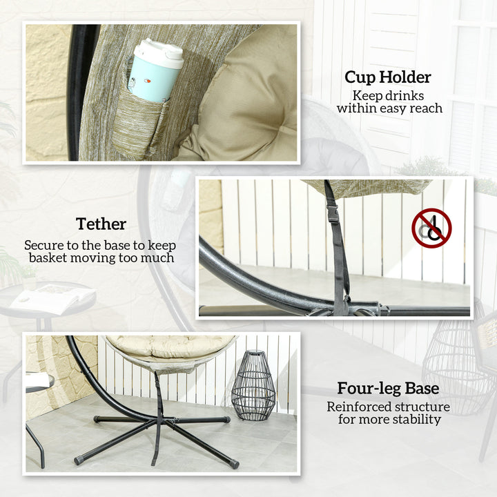 Hanging Egg Chair Outdoor Indoor Garden Swing Chair with Folding Basket, Garden Hanging Chair with Stand, Thickened Cushion, Cup Holder for Patio, Balcony, Khaki