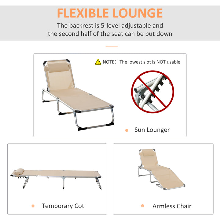Foldable Outdoor Sun Loungers Set of 2, Reclining Lounge Chair Camping Bed Cot with Pillow 4-Level Adjustable Back Aluminium Frame, Khaki