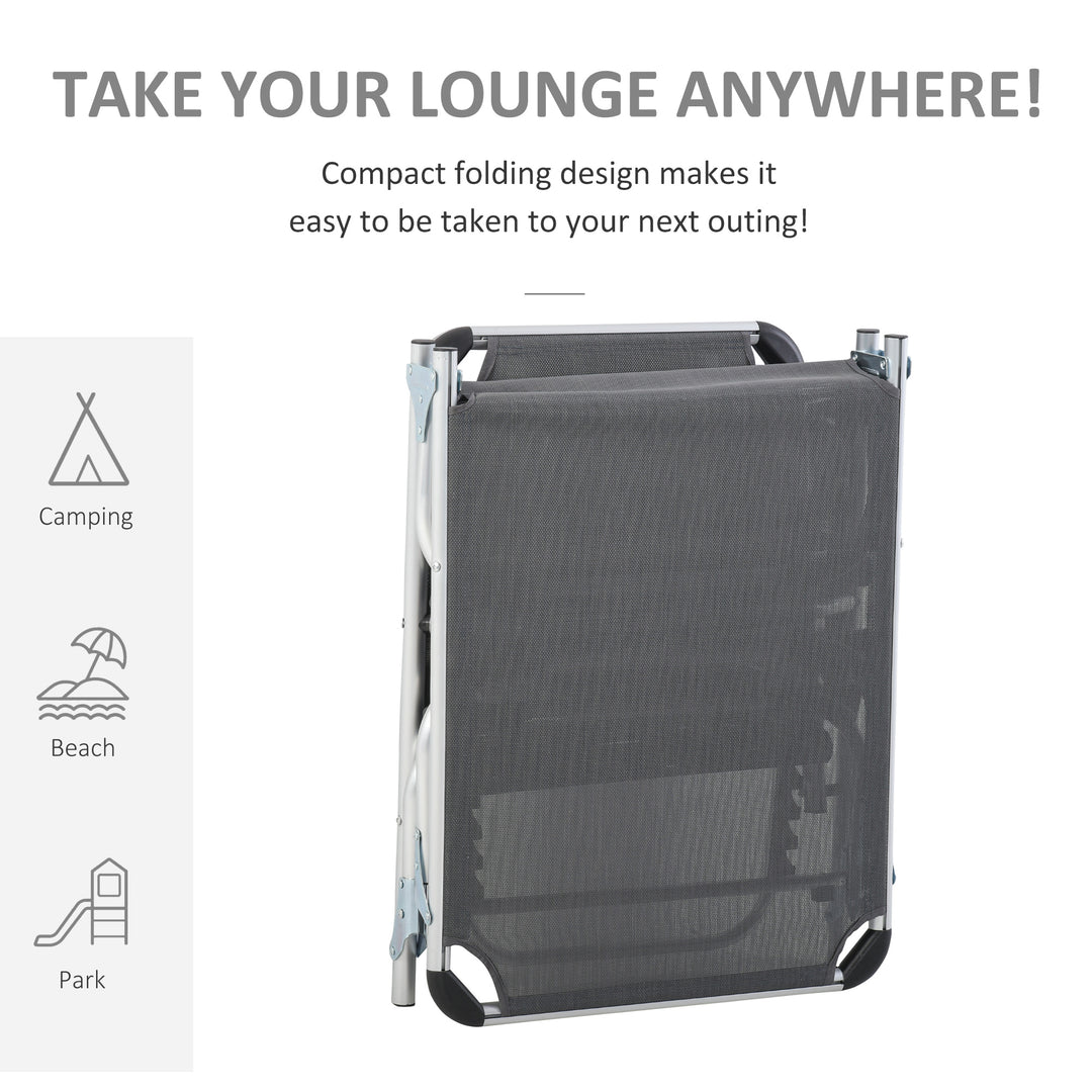 Foldable Outdoor Sun Lounger, Reclining Lounge Chair Camping Bed Cot with Pillow 4-Level Adjustable Back Aluminium Frame, Dark Grey