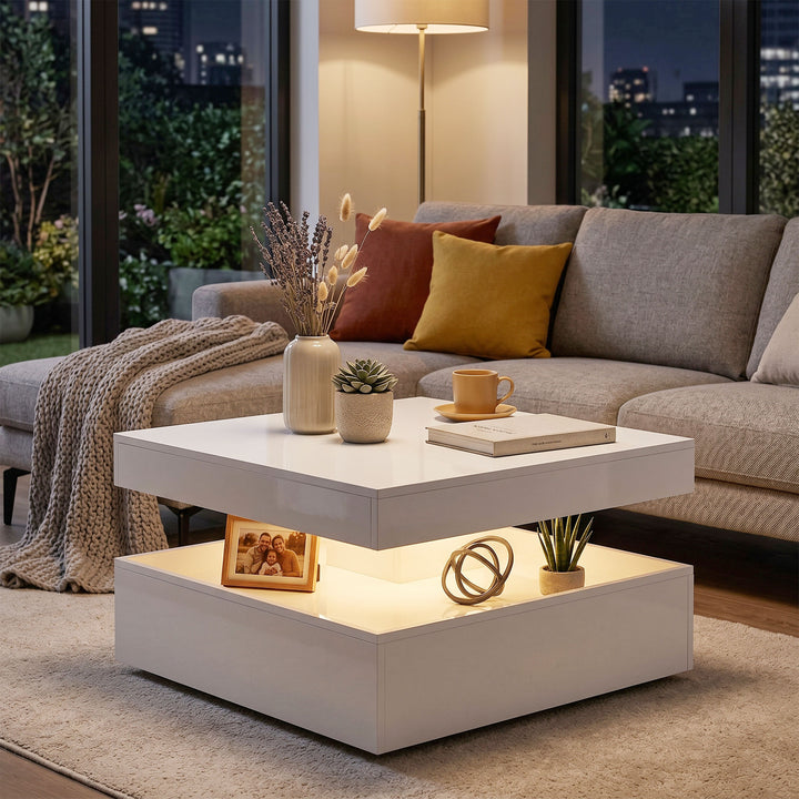 LED Coffee Table with Storage, 2-Tier Modern Centre Table with Open Sh