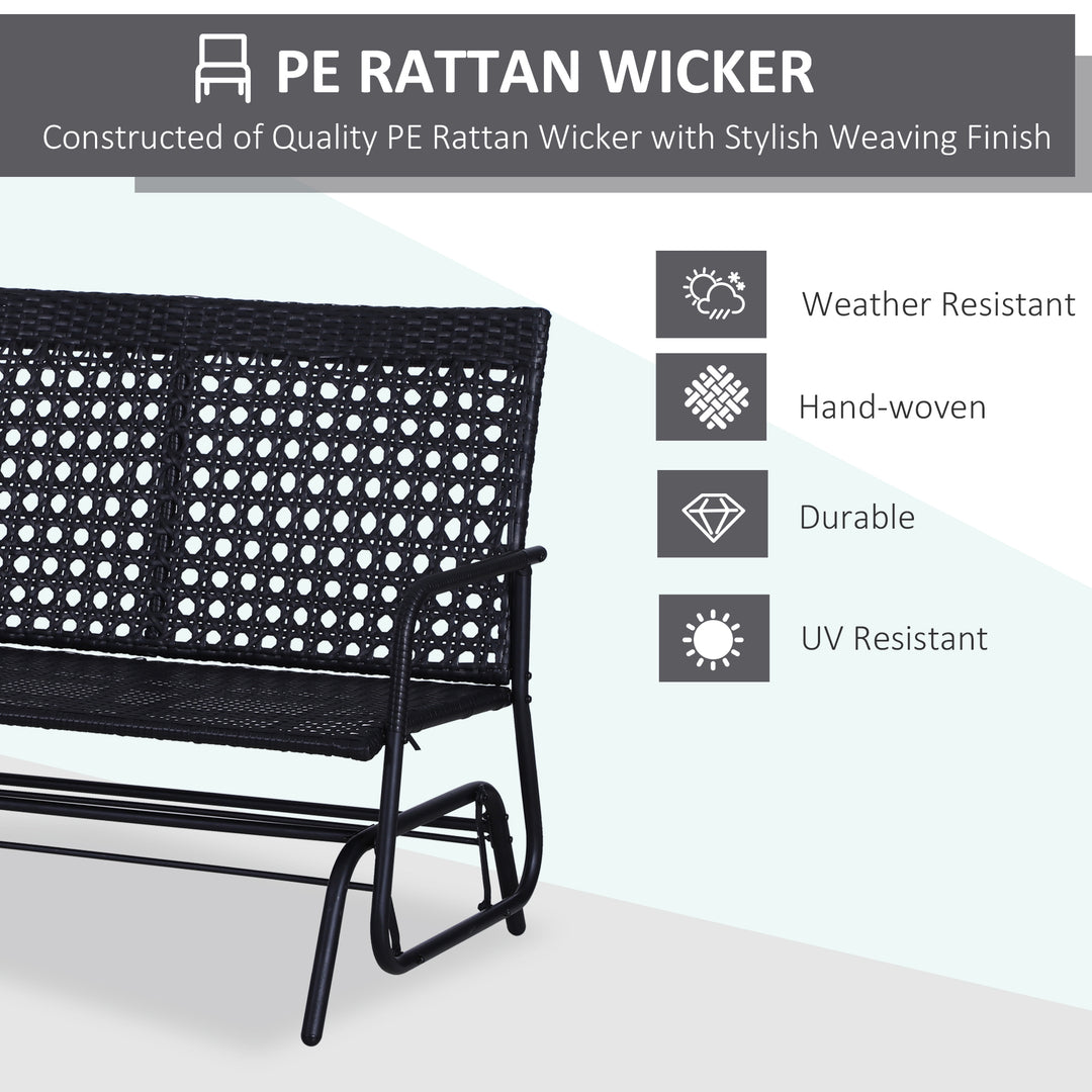 2 Seater PE Rattan Glider Bench, Outdoor Loveseat Chair with Steel Frame, Porch Rocking Glider for 2 Person with Armchair, High Back, Black