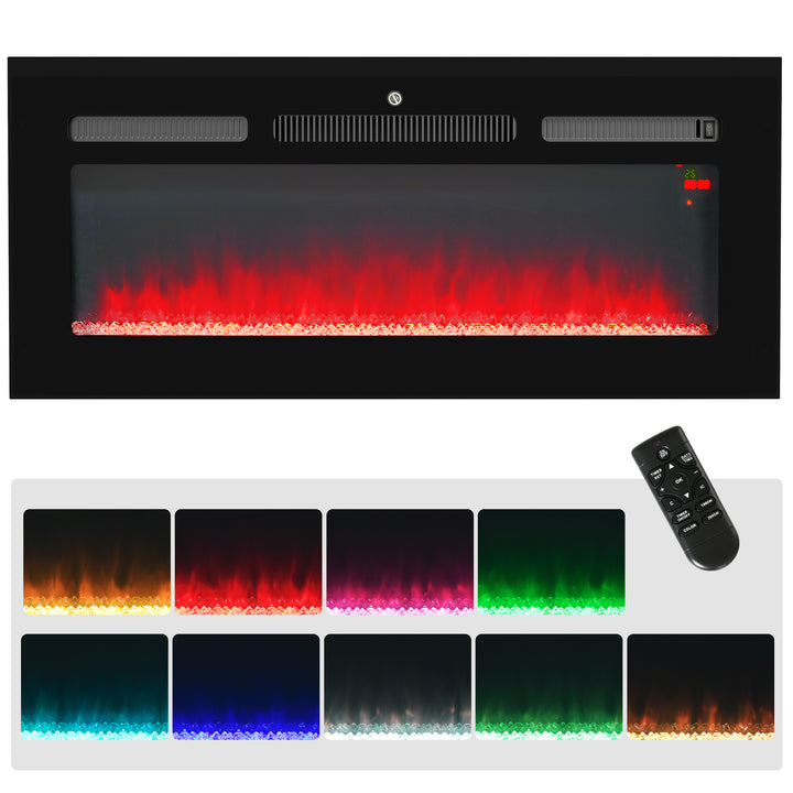 HOMCOM 102cm/40" Electric Fireplace, 2000W Recessed and Wall Mounted Electric Fire with Remote Control, 9 Flame Colour and Crystal, Black