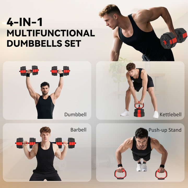 MCL 4-in-1 Adjustable Weight Dumbbells Set, Used as Kettlebell, Barbell, Dumbbell, Push-Up Stand, 30kg Free Weights Set for Men and Women Home Gym Training, Red