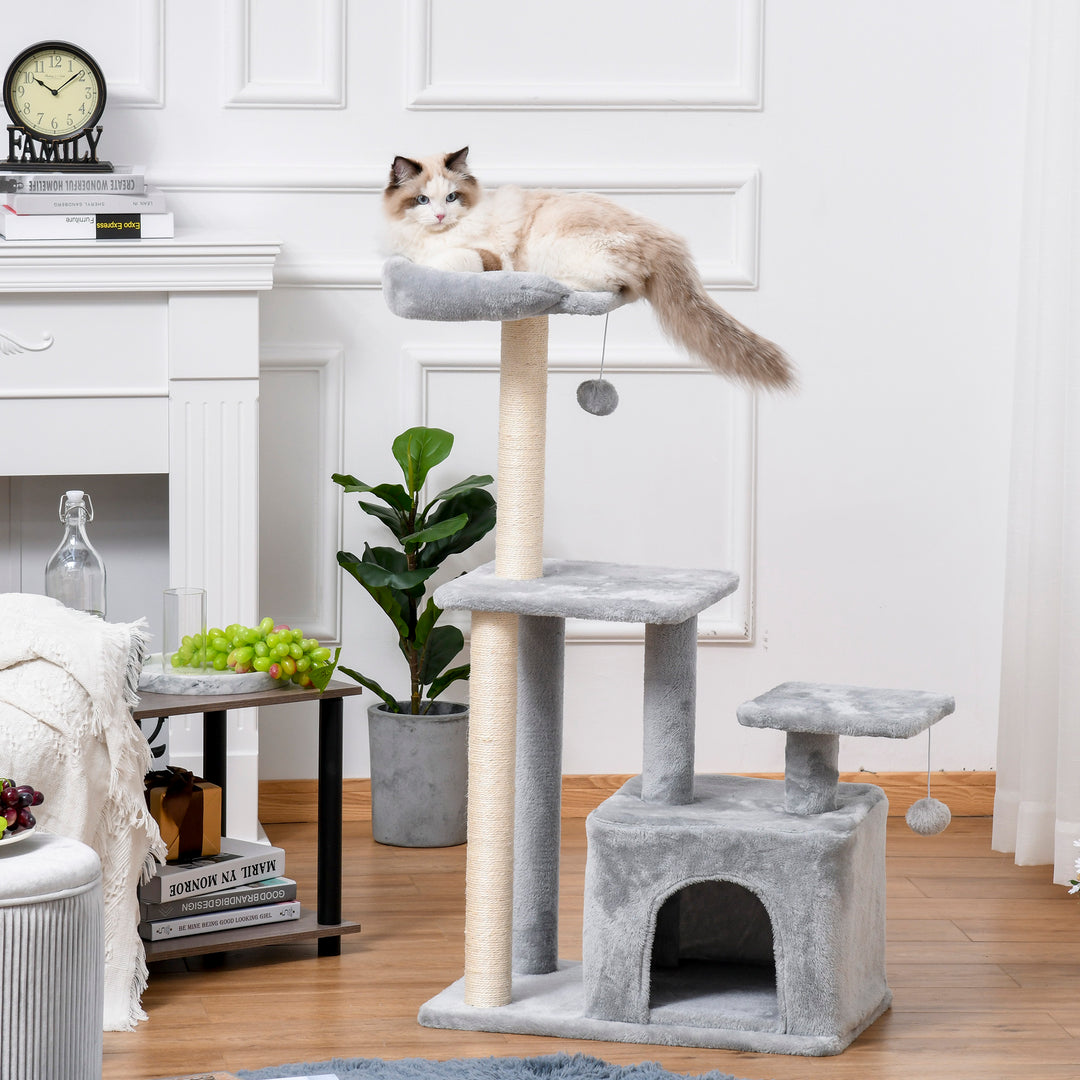 PawHut Feline Fun Tower: 114cm Tall Activity Centre with Scratching Posts, Perch, Dangling Ball & Condo, Light Grey | Aosom UK