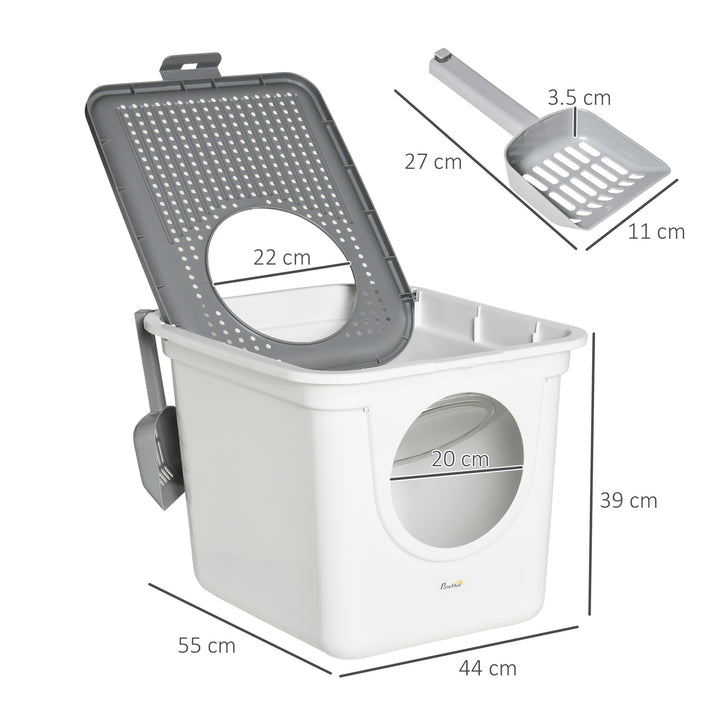 MCL Cat Litter Box, Pet Toilet, Enclosed Kitten Pan with Front Entrance Top Exit, High Side, Scoop, White