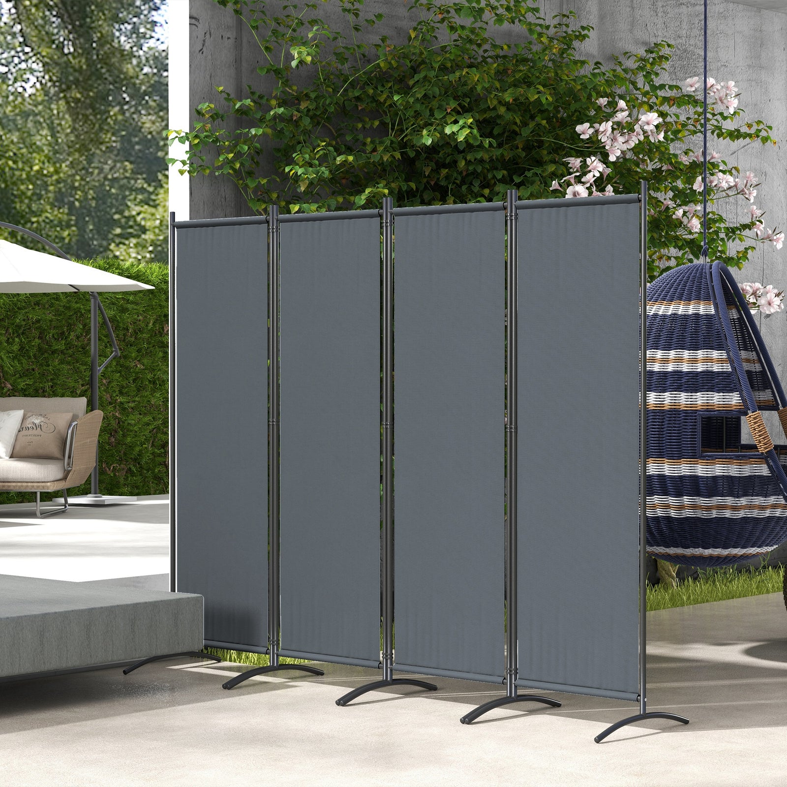 4 Panel Folding Garden Divider, 1.7m Privacy Screen with Wide Feet, Portable Freestanding Privacy Panel for Deck, Pool, Hot Tub, Dark Grey