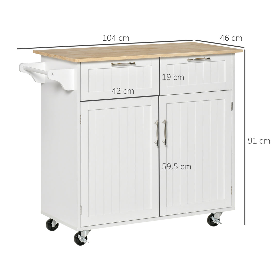 HOMCOM Modern Rolling Kitchen Island Storage Kitchen Cart Utility Trolley with Rubberwood Top, 2 Drawers, White | Aosom UK