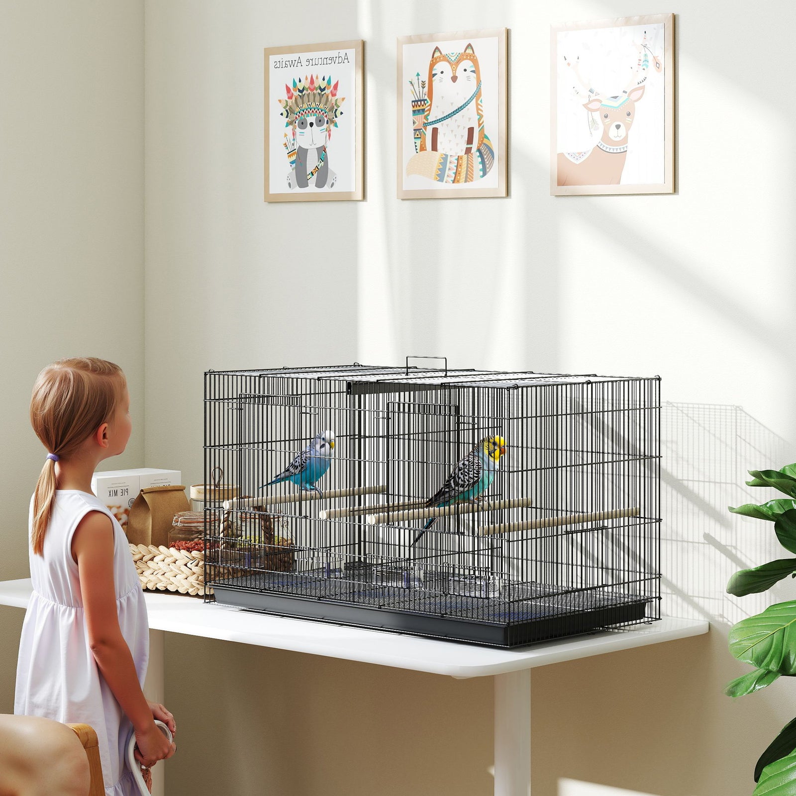 Bird Cage with Divider, 4 Wooden Perches, Slide Out Tray, 4 Feeders, for Budgie, Lovebird, Canary, 76 x 46 x 46cm, Black
