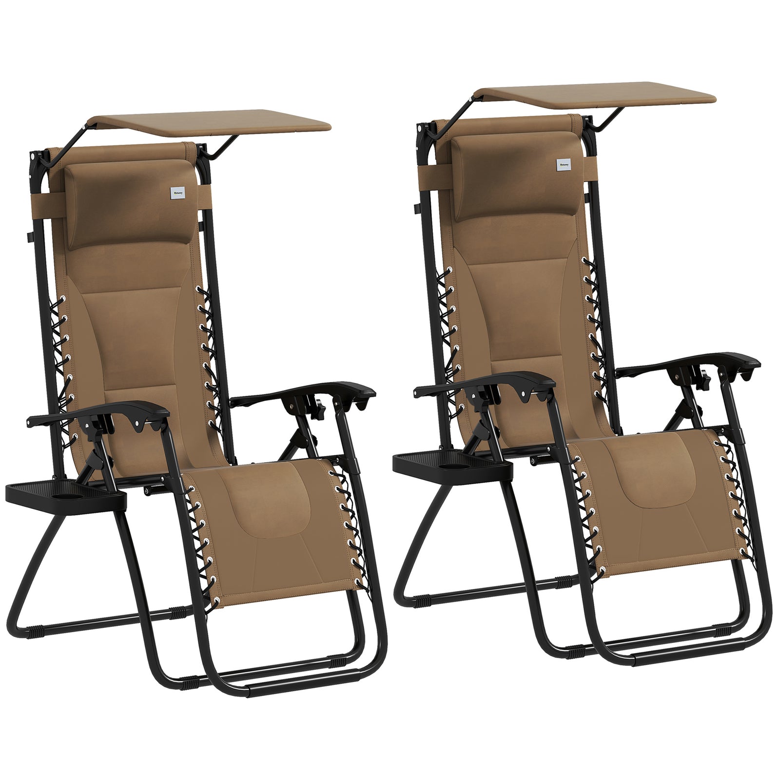 Zero Gravity Lounger Chair Set of 2, Folding Reclining Patio Chair with Shade Cover, Cup Holder, Soft Cushion and Headrest for Poolside, Camping, Coffee