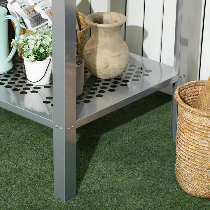 2-Tier Plant Stand, Corner Plant Shelf for Outdoor and Indoor Storage Organizer, Freestanding Flower Rack with Steel Frame, Mesh Board, Silver