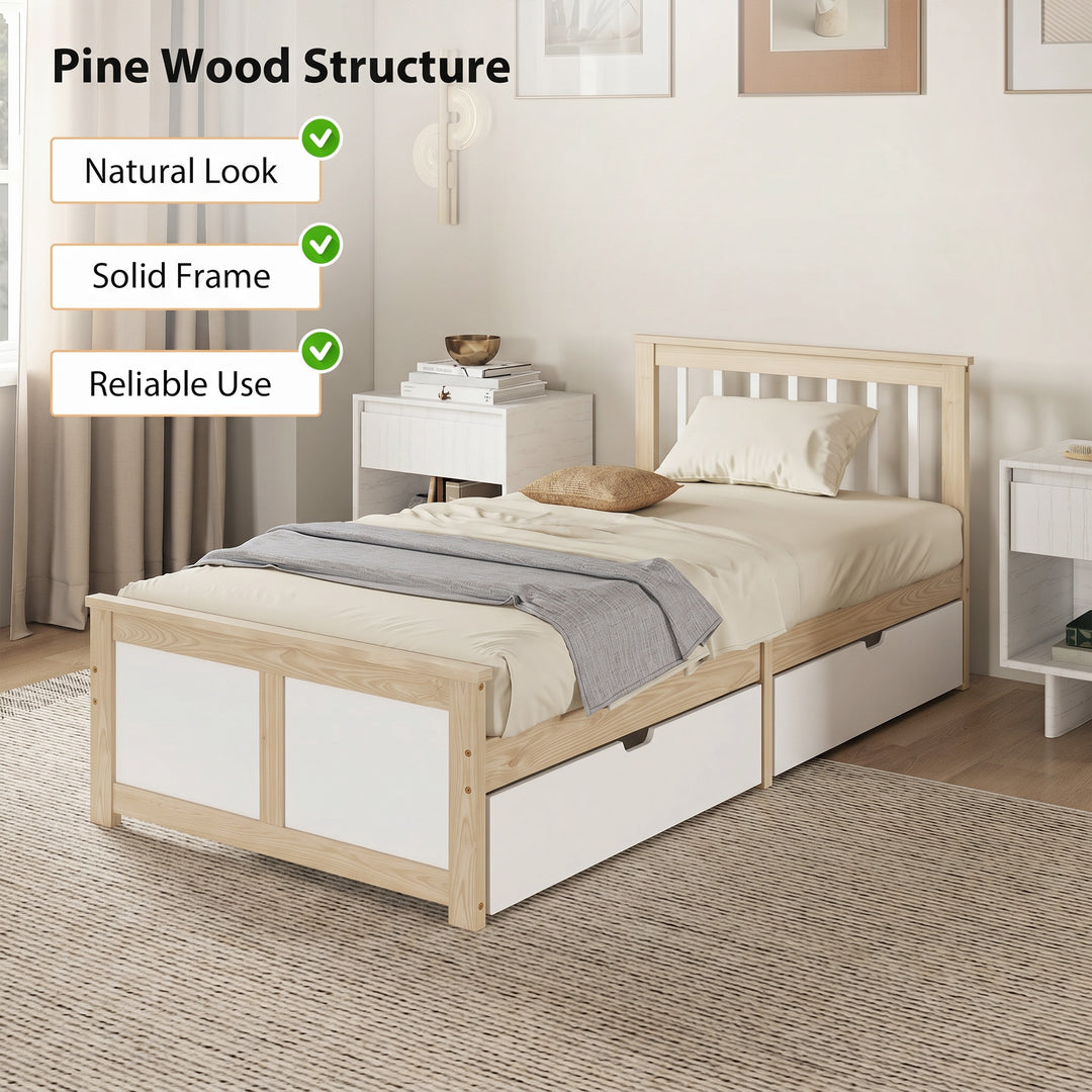 Pine Storage Bed, 3ft Single Solid Wooden Bed Frame with Drawers, Head