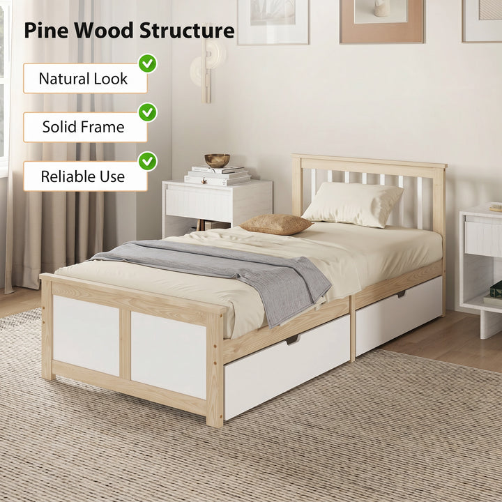 Pine Storage Bed, 3ft Single Solid Wooden Bed Frame with Drawers, Head