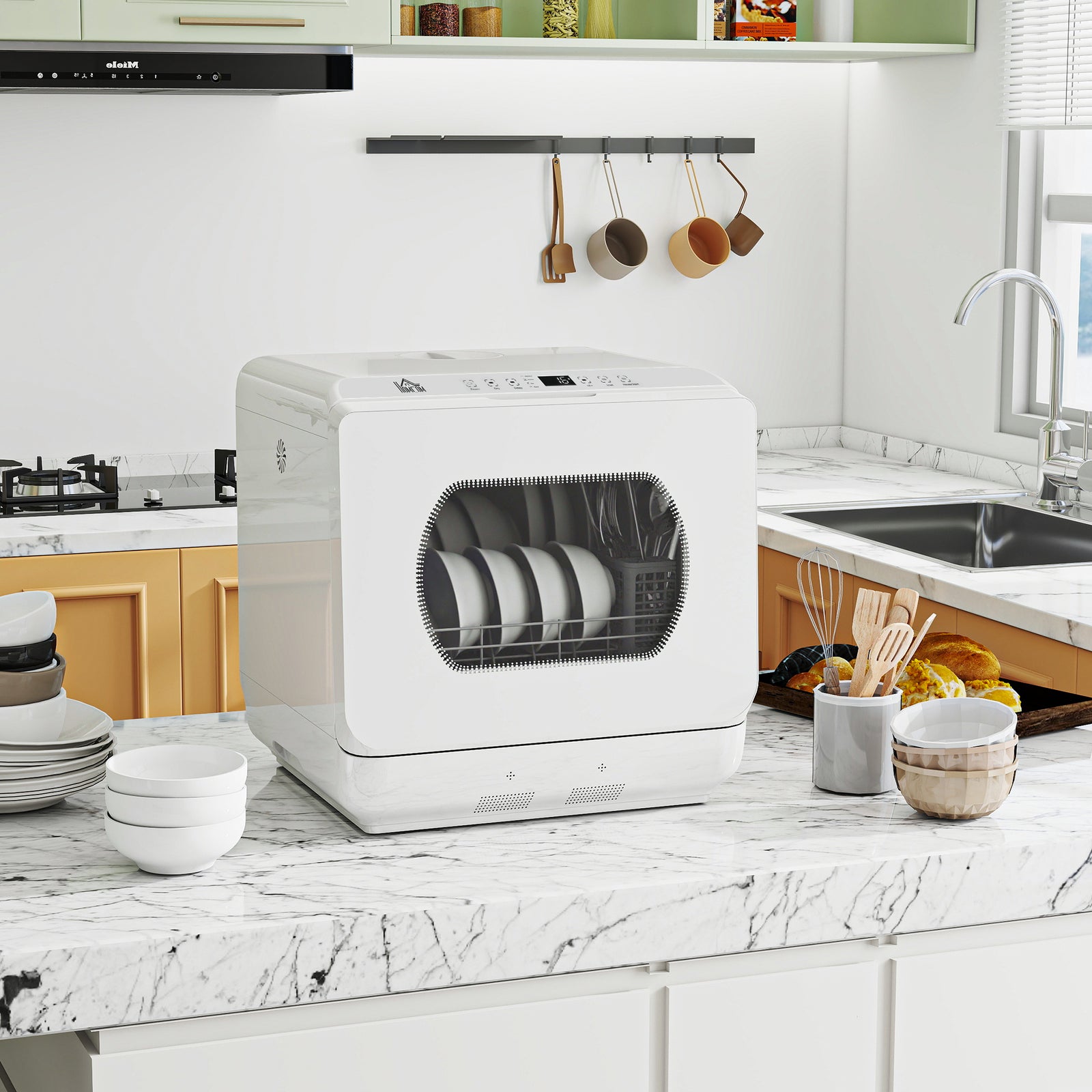 Table Top Dishwasher with Built-in 6L Water Tank, Mini Countertop Dishwasher with 6 Programs, 4 Place Settings, White