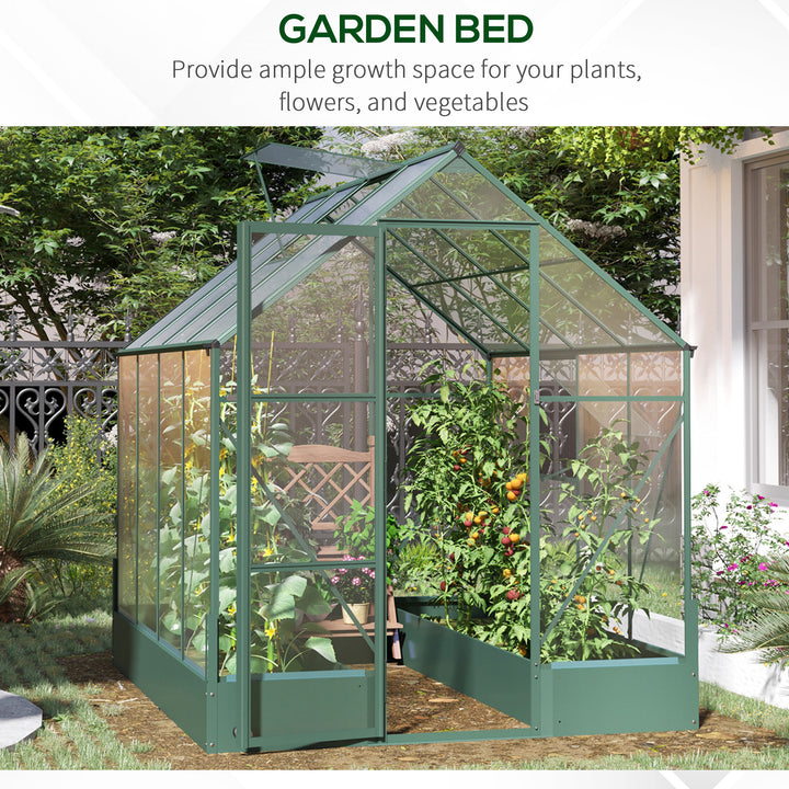 6x8 FT Polycarbonate Greenhouse with Base and Raised Bed, Walk-in Greenhouse with Aluminium Frame, Temperature Controlled Window, Foundation for Plants, Flowers, Vegetable