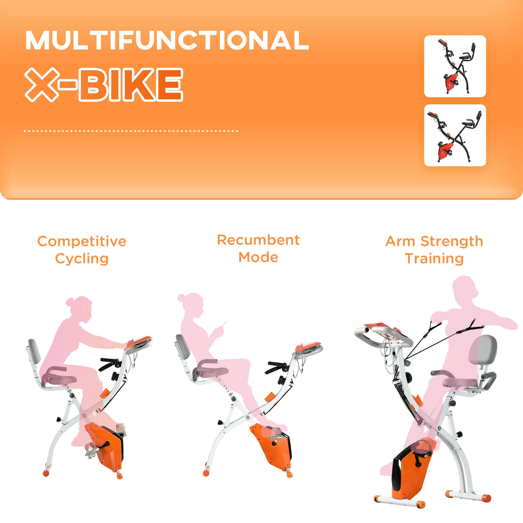 HOMCOM 2-in-1 Upright Exercise Bike Stationary Foldable Magnetic Recumbent Cycling with Arm Resistance Bands Orange | Aosom UK