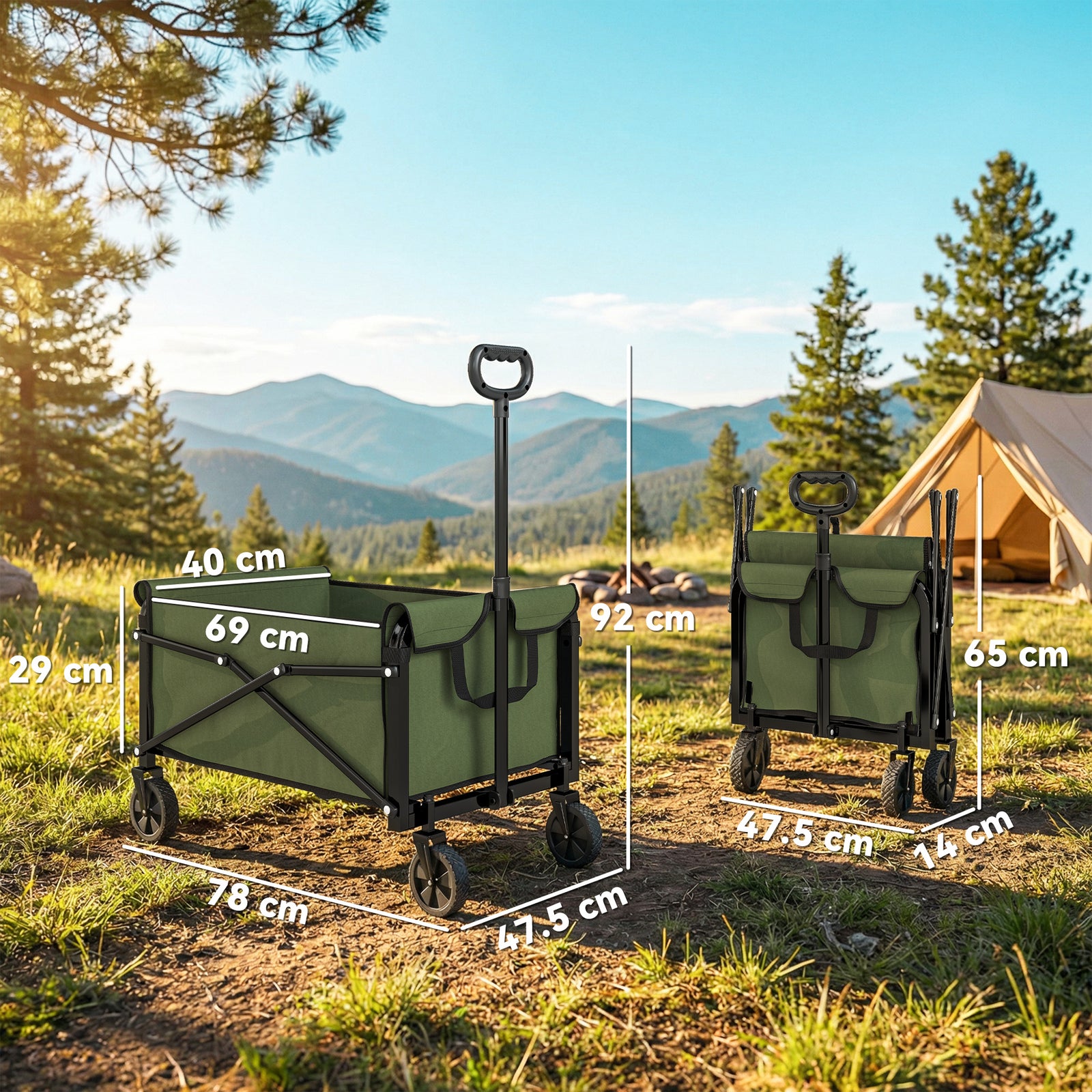 81L Festival Trolley on Wheels, Compact Garden Folding Trolley Cart wi