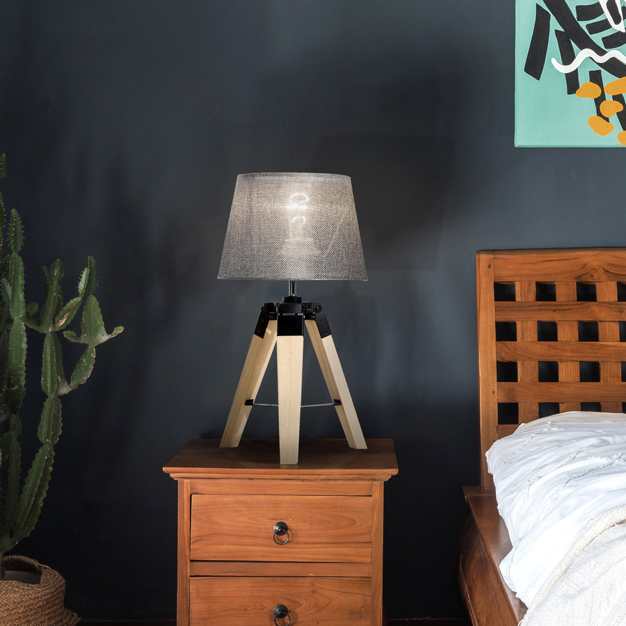 Wooden Tripod Table Lamp for Side, Desk or End Table with E27 Bulb Base（Grey Shade）
