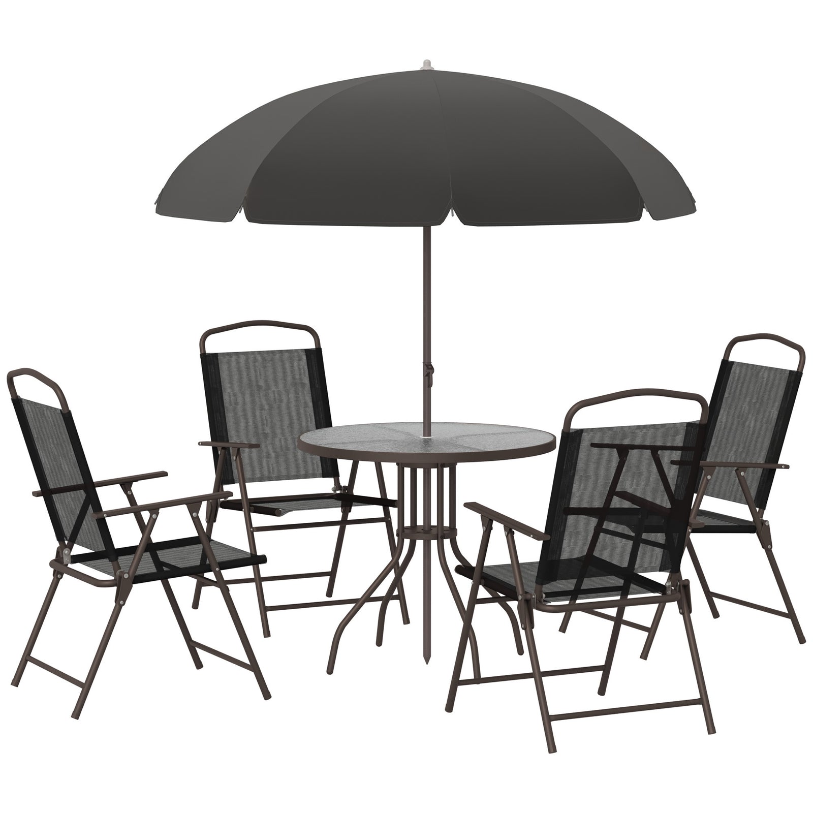 6 Piece Garden Dining Set with Umbrella, Patio Sets with Parasol with 4 Folding Dining Chairs & Round Tempered Glass Table, Black