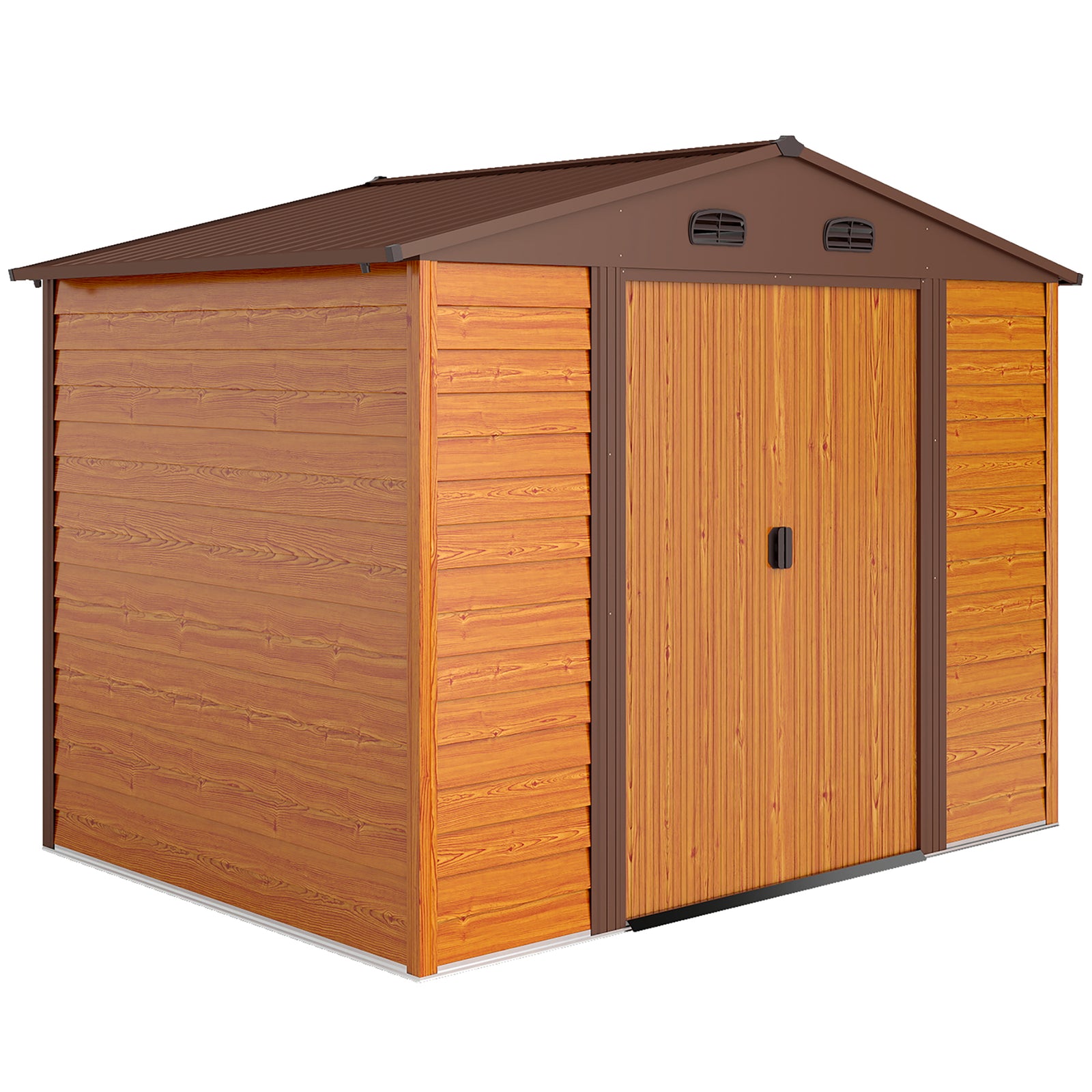 9 x 6ft Metal Garden Shed, House Hut Gardening Tool Storage with Ventilations, Sliding Door, Sloped Roof for Garden, Patio, Brown