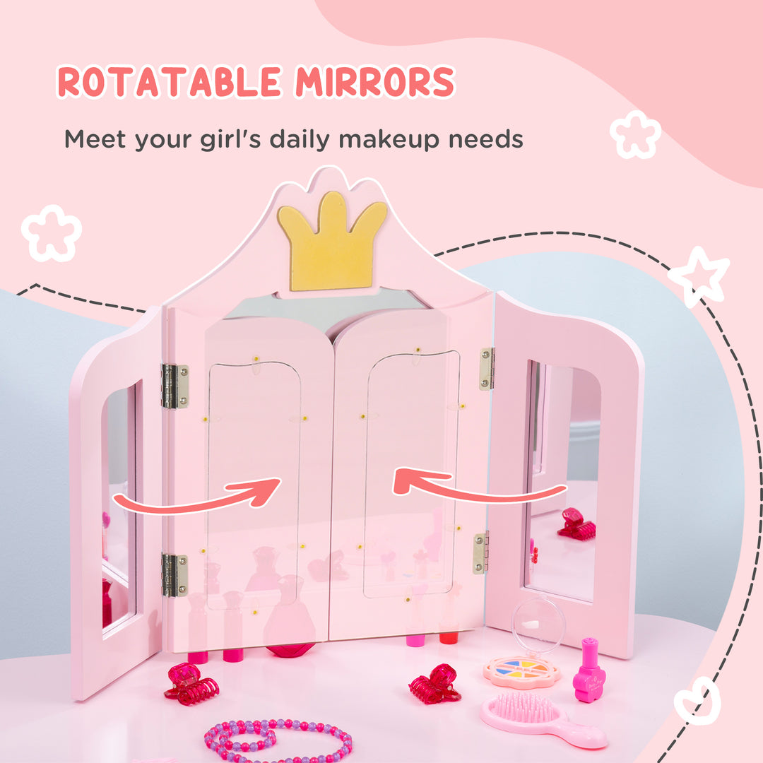 ZONEKIZ Kids Dressing Table with Mirror and Stool, Kids Vanity Set, Girl Makeup Desk with Rotatable Mirrors and Drawer, Pink