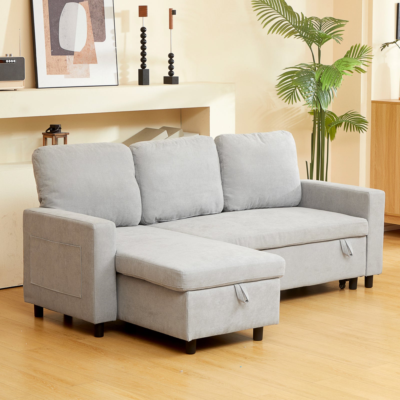 L Sofa Bed, with Storage - Light Grey