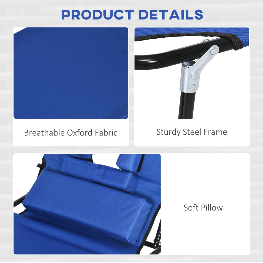 Outdoor Folding Sun Lounger Set of 2 with Face Hole, 4 Level Adjustable Backrest Reclining Garden Lounger, Garden Recliner Sunbed with 600 D Oxford Cloth Seat and Pillow for Beach, Blue