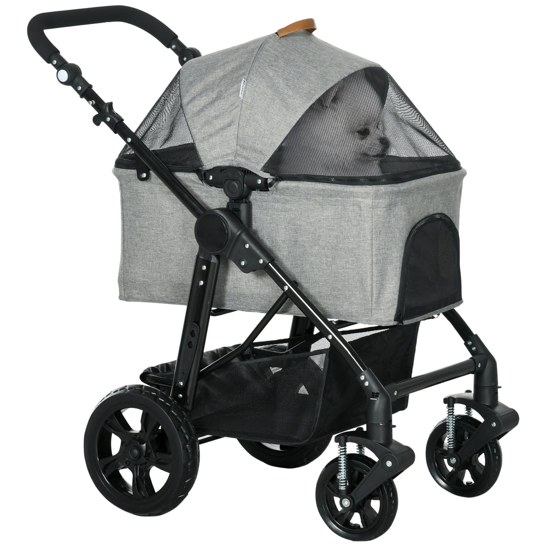 MCL Dog Pram Pet Stroller for Small Dogs Cats, Foldable Dog Pushchair Trolley with Detachable Pet Carrier Bag, Shock Absorber, Adjustable Handlebar, Grey