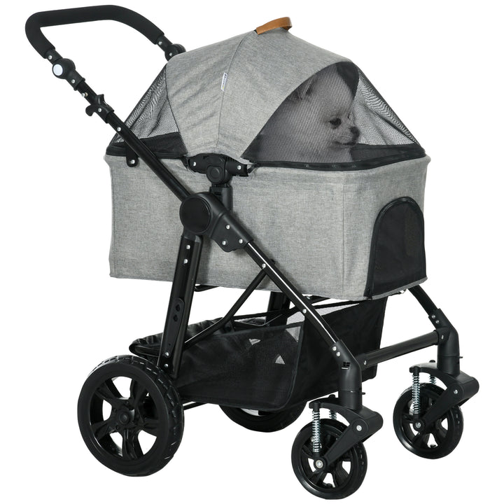 MCL Dog Pram Pet Stroller for Small Dogs Cats, Foldable Dog Pushchair Trolley with Detachable Pet Carrier Bag, Shock Absorber, Adjustable Handlebar, Grey