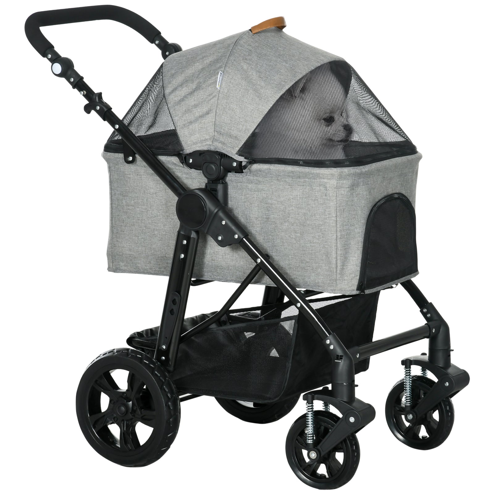 Dog Pram Pet Stroller for Small Dogs Cats, Foldable Dog Pushchair Trolley with Detachable Pet Carrier Bag, Shock Absorber, Adjustable Handlebar, Grey
