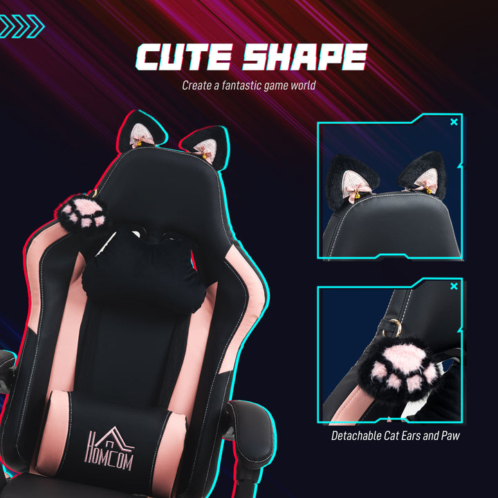 Cat Ear and Paw Reclining Office Chair, with Footrest - Black/Pink