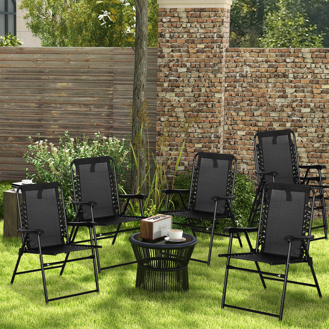 6 Pcs Patio Folding Chair Set, Outdoor Portable Loungers for Camping Pool Beach Deck, Lawn w/ Armrest Steel Frame Black