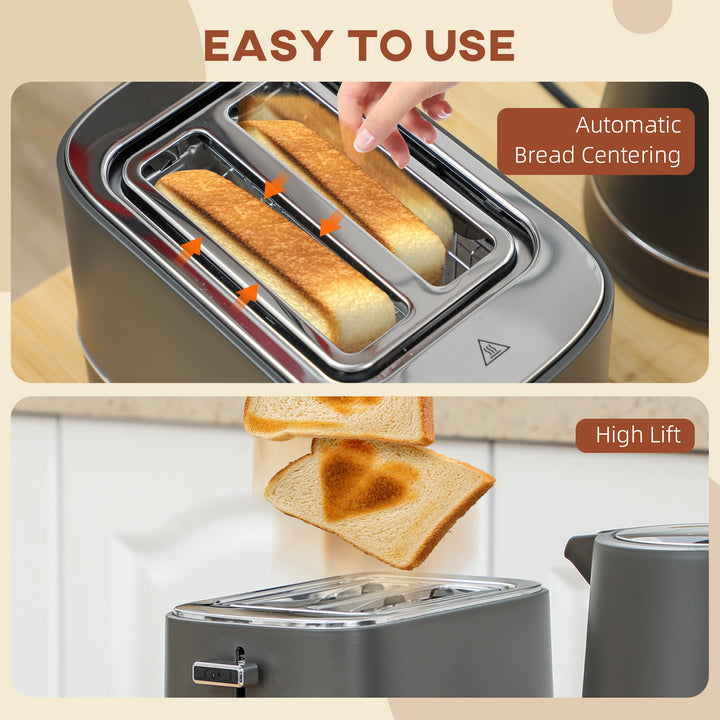 Kettle and Toaster Set, 1.7L 3000W Fast Boil Kettle & 2 Slice Toaster Kitchen Set with 6 Level Browning Controls, Defrost, Reheat, Grey