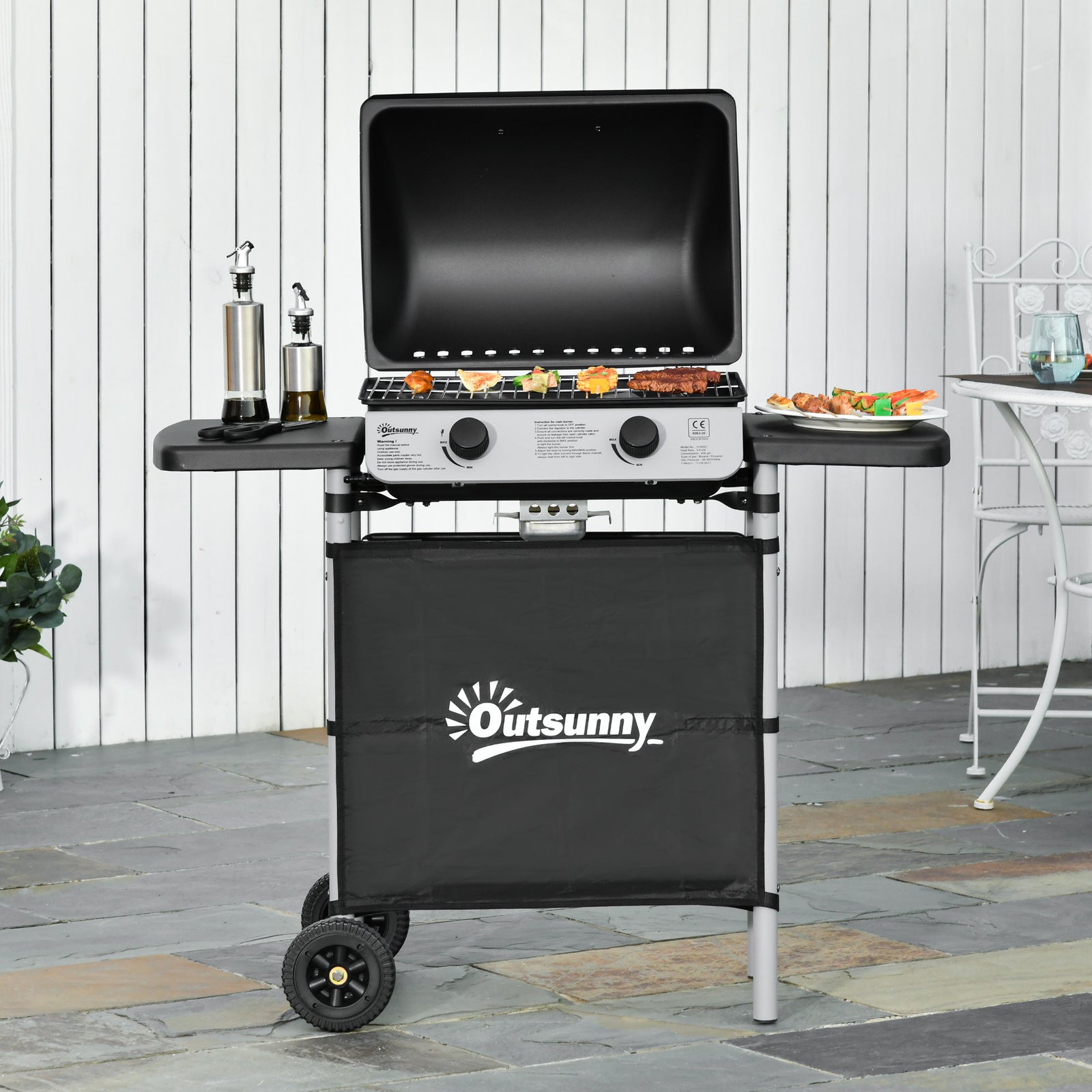 2 Burner Gas BBQ Trolley with Lid, 5.6 kW Gas Barbecue Grill with Wheels, Side Shelves, Grey