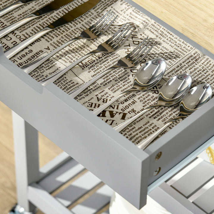 MCL Kitchen Trolley Utility Cart on Wheels with Rubberwood Worktop, Towel Rack, Storage Shelves & Drawer for Dining Room, Grey